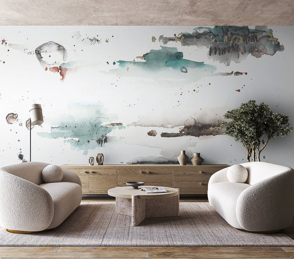Modern living room with abstract wall art by dawn trimble art, white sofa, and wooden cabinet.