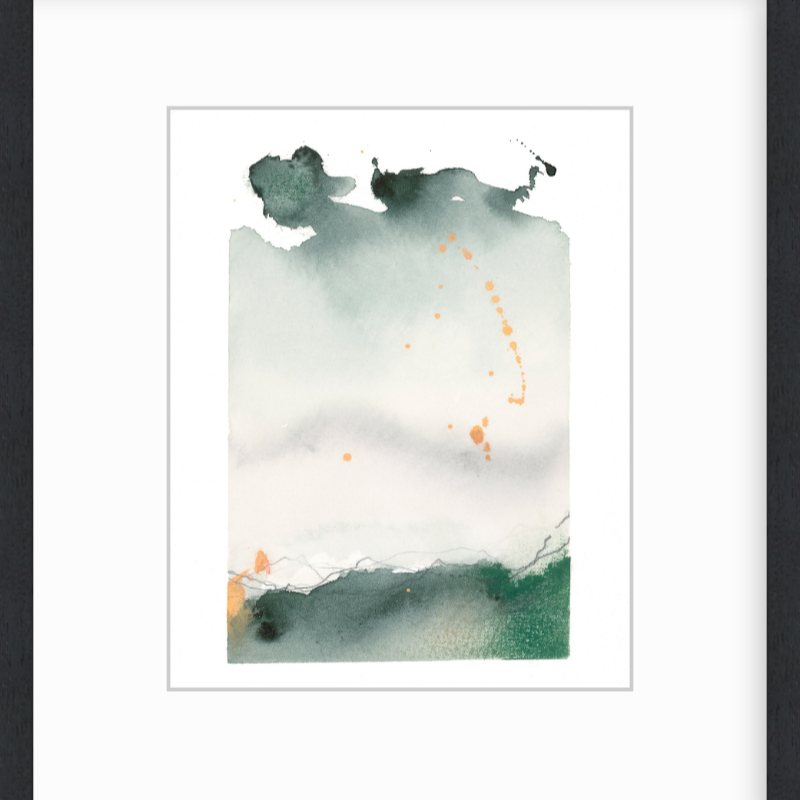 Framed abstract artwork with watercolor textures in green, white, and orange.