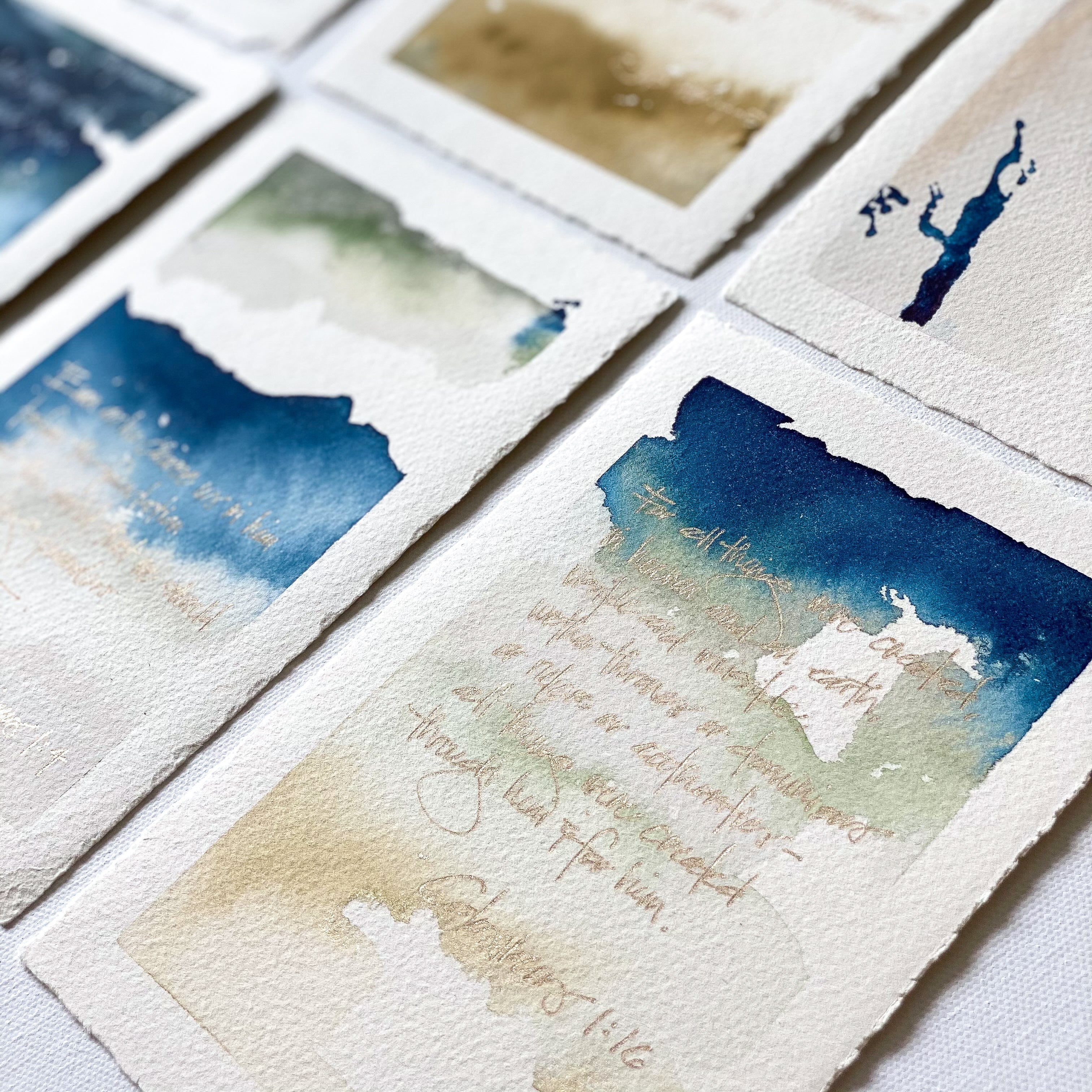 Set of watercolor paintings with handwritten scripture on watercolor paper
