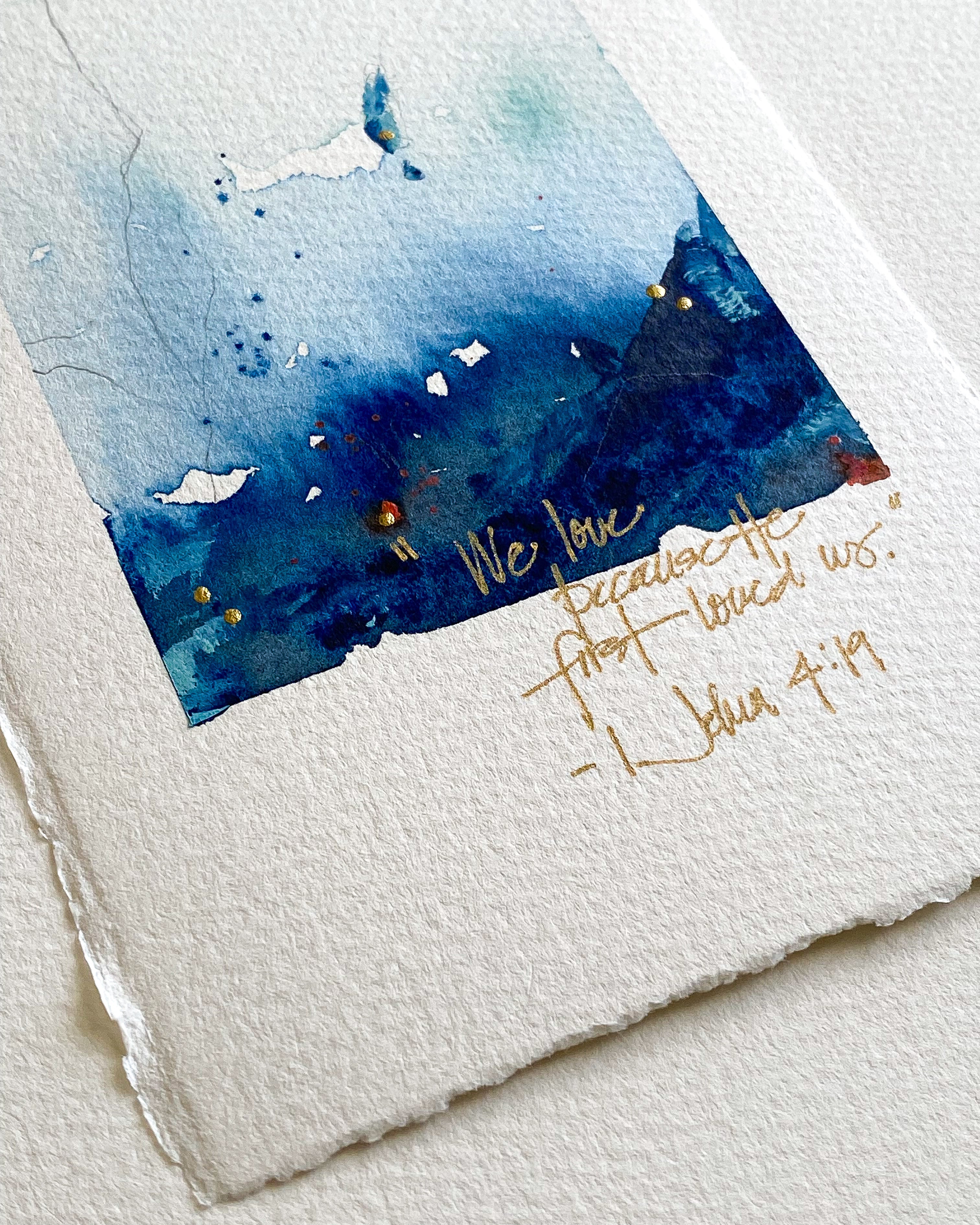 dawn trimble art watercolor painting with blue tones and text on a textured white surface