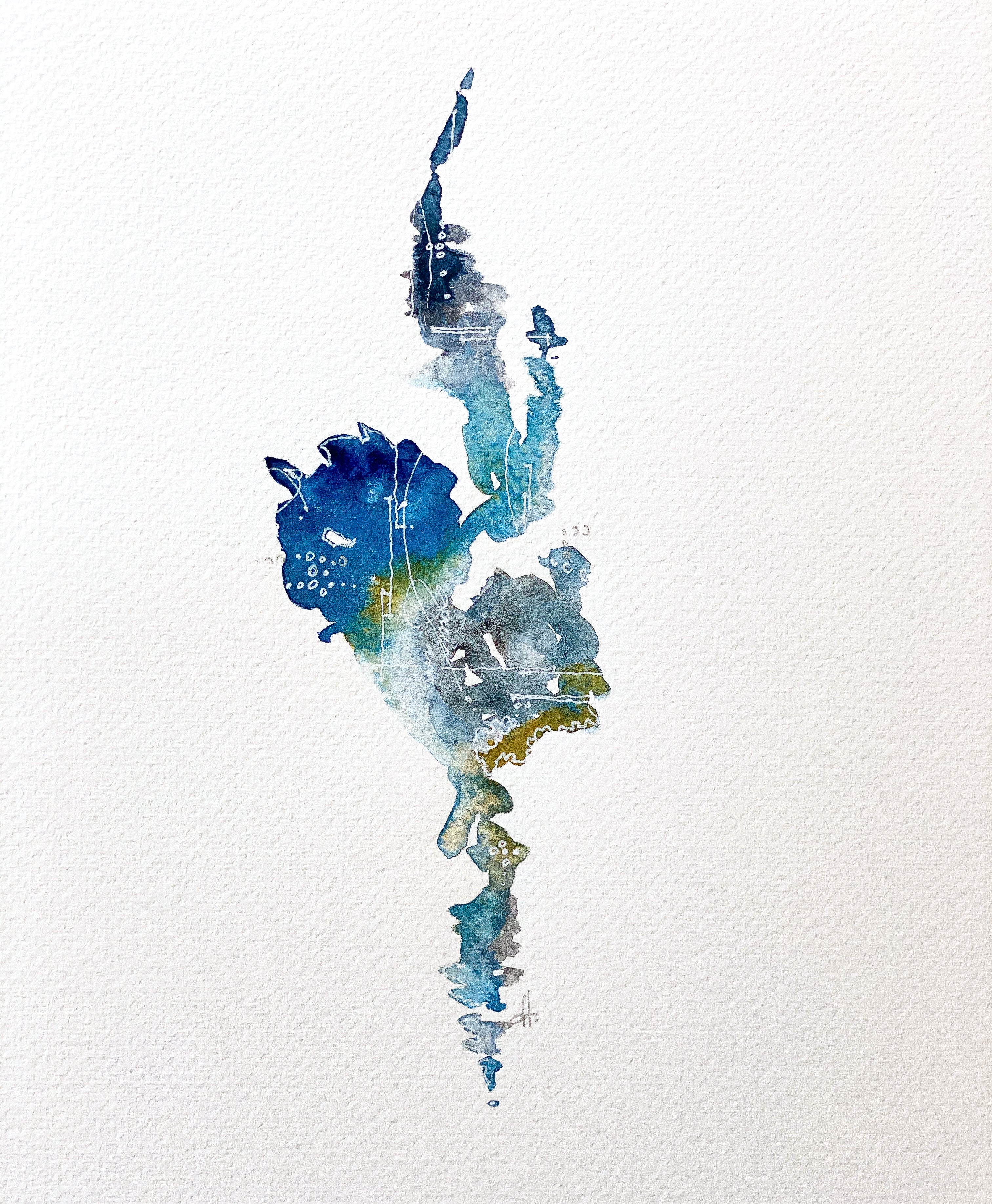 Abstract watercolor art of a figure in blue and green on a light gray background