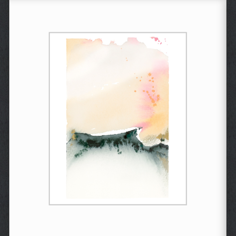 Framed abstract art piece with watercolor textures in soft colors.