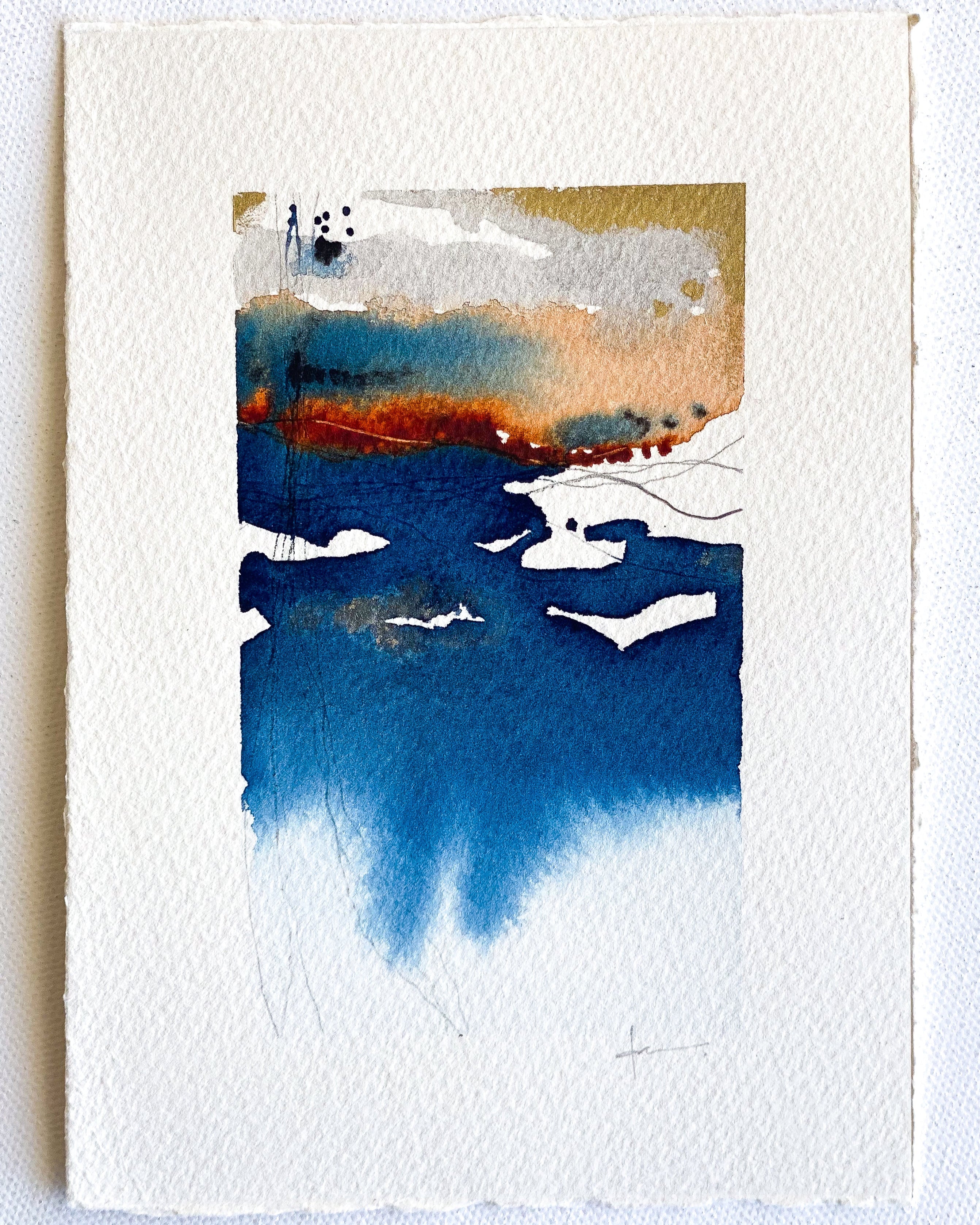 Abstract watercolor painting with blue, orange, and white on a textured paper background
