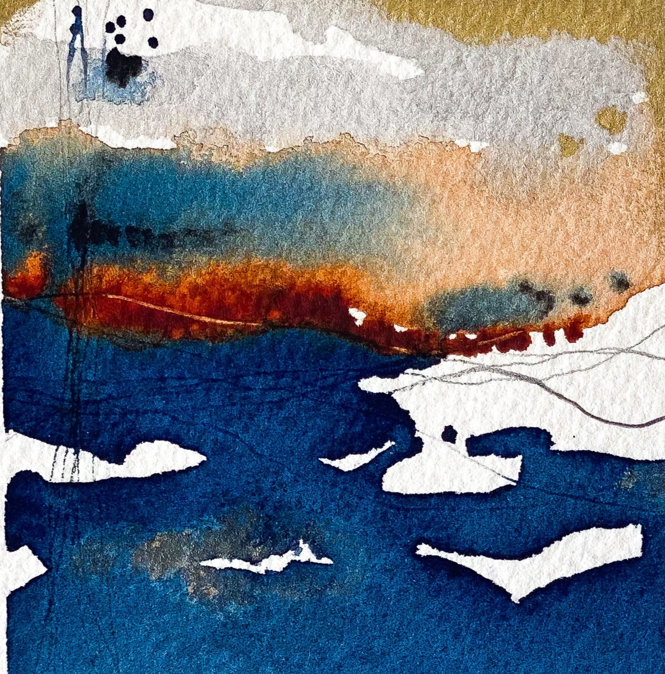 Abstract watercolor painting with blue, orange, and white on a textured paper background