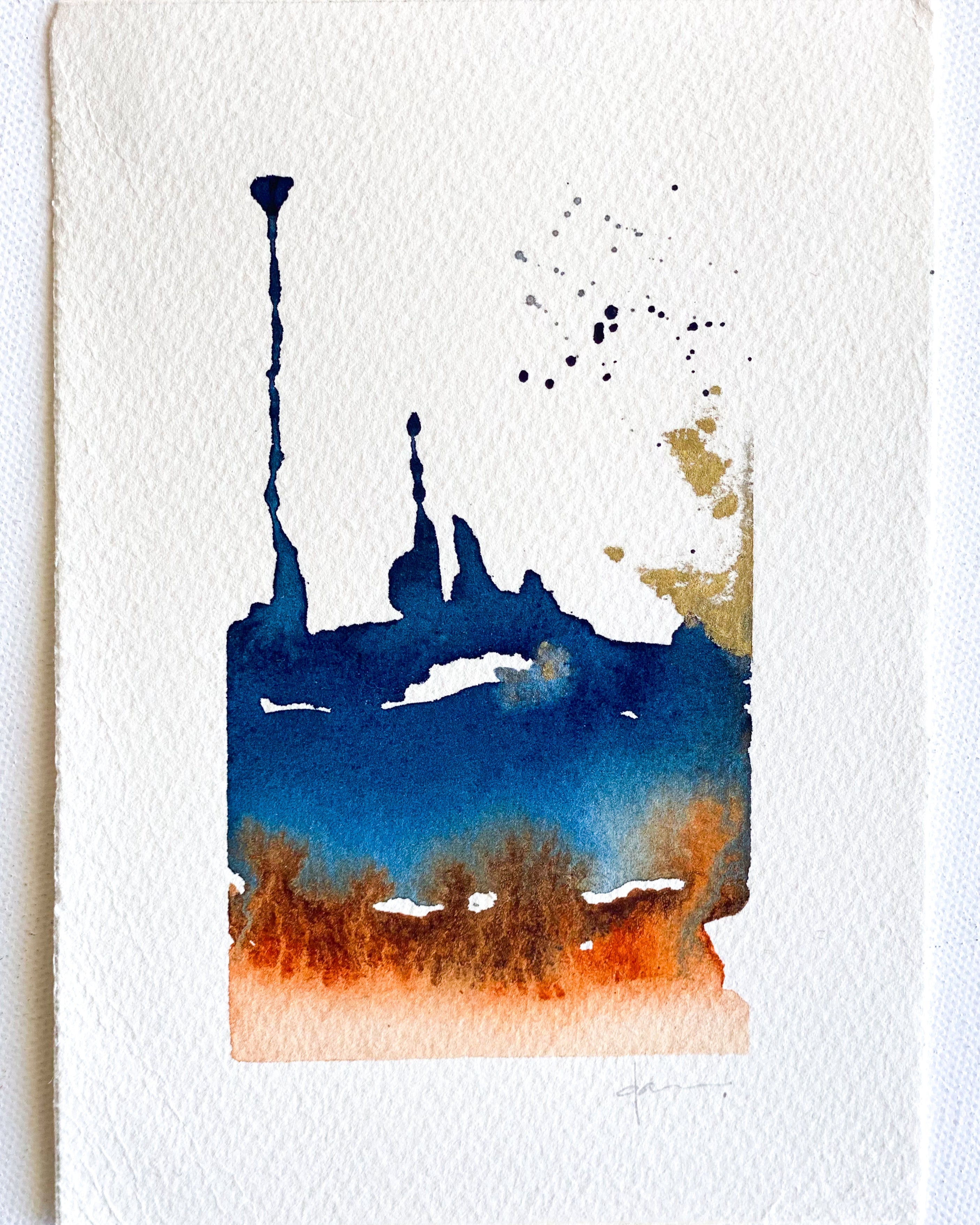 Abstract watercolor painting with blue, orange, and black on a white background