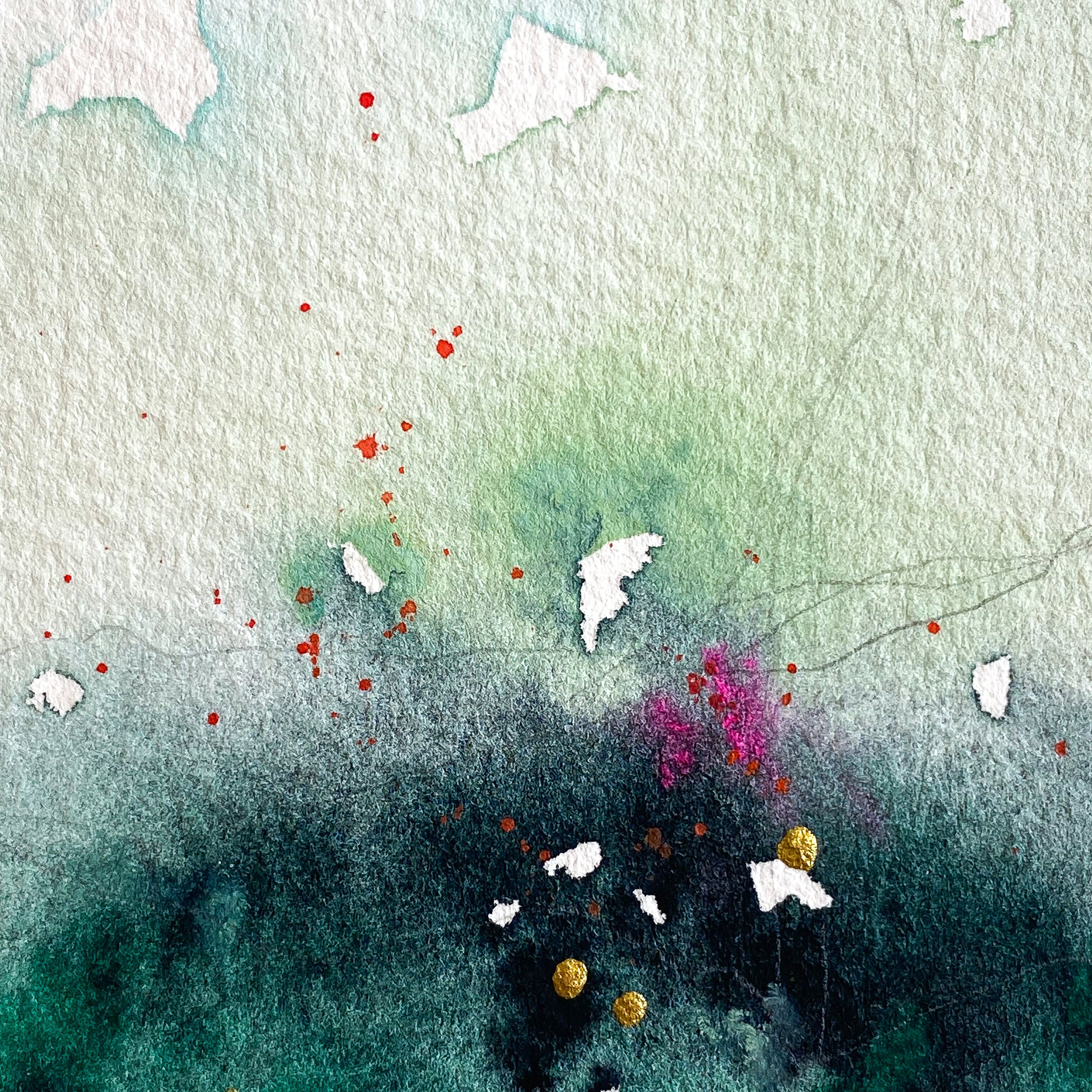 Abstract watercolor painting with gold script 