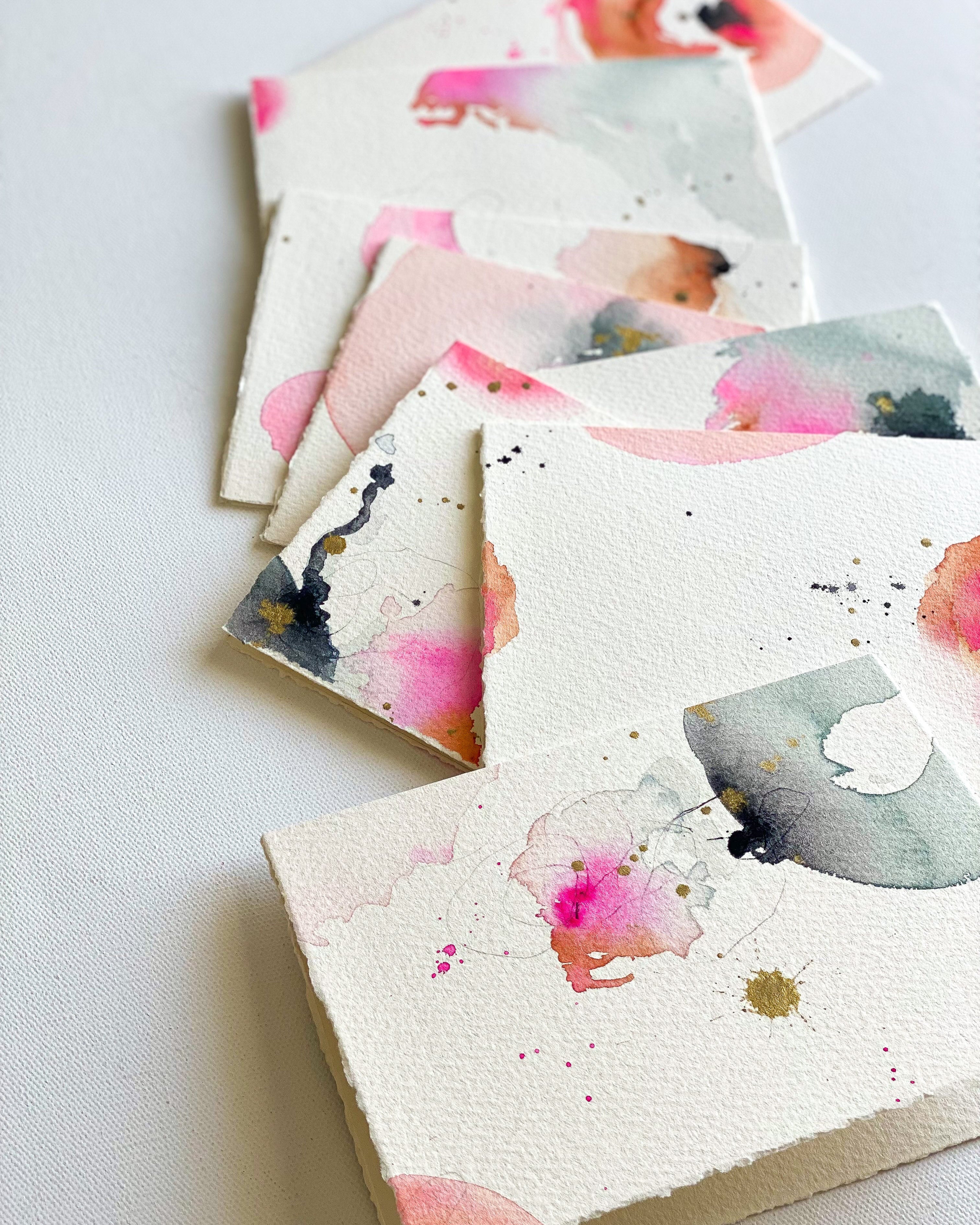 Set of colorful original watercolor stationery by dawn trimble art with on a light background